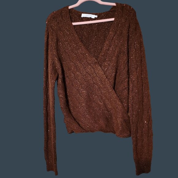 ASTR Brown V-Neck Wrap Sweater Vivid Bold Metallic Old Money Surplice Sweater XL - Picture 2 of 5